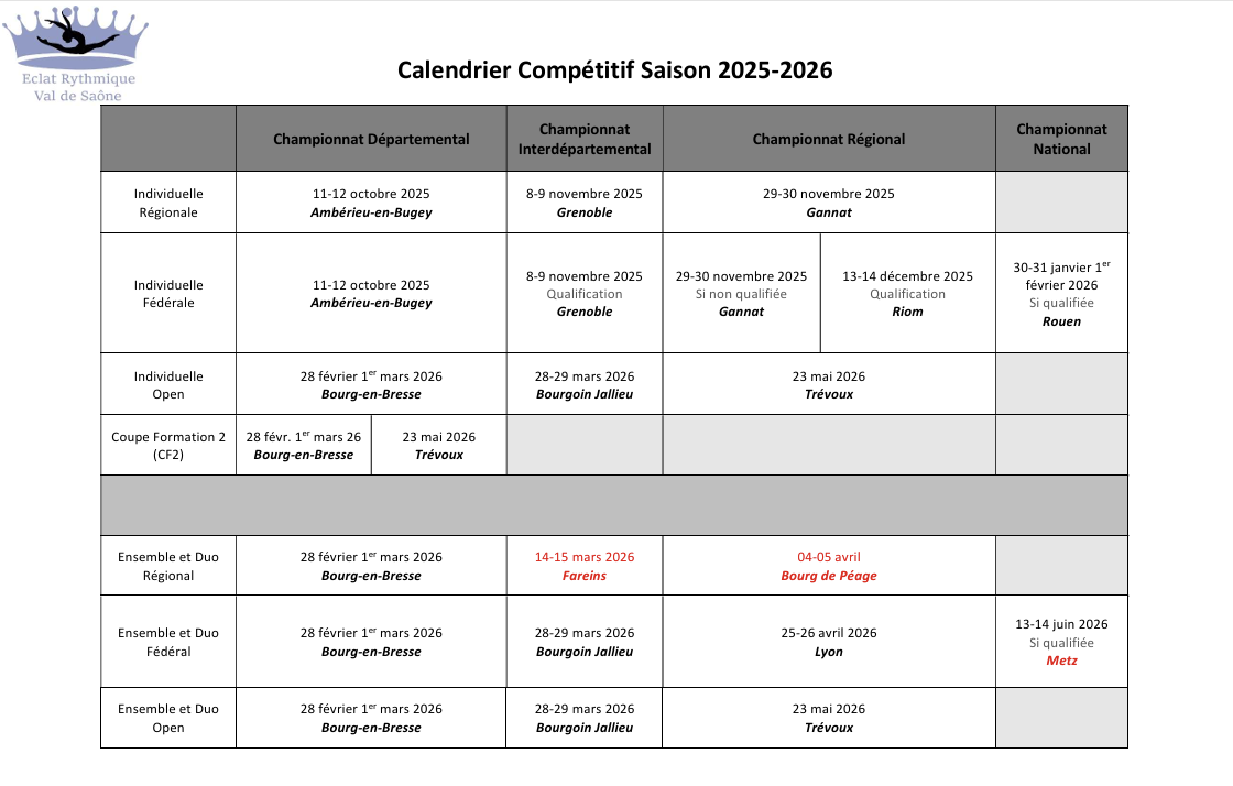 Calendrier des compétitions 2025-2026